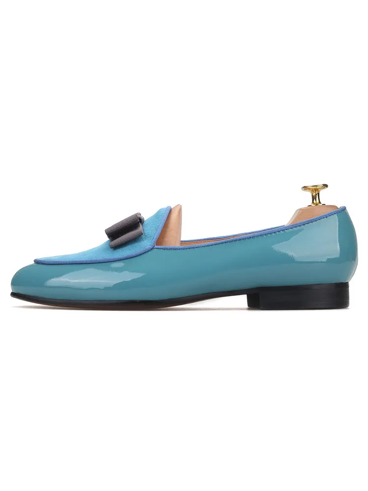 Sky blue patent leather and frosted leather men's loafers European and American style catwalk party style bow design dress shoes