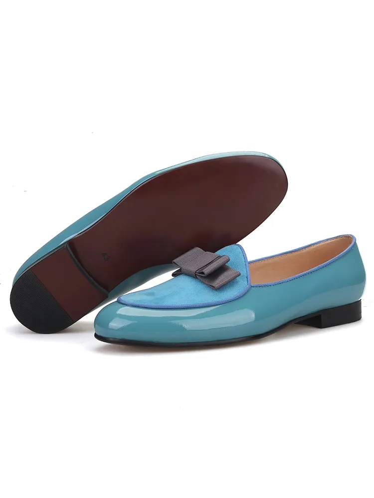 Sky blue patent leather and frosted leather men's loafers European and American style catwalk party style bow design dress shoes