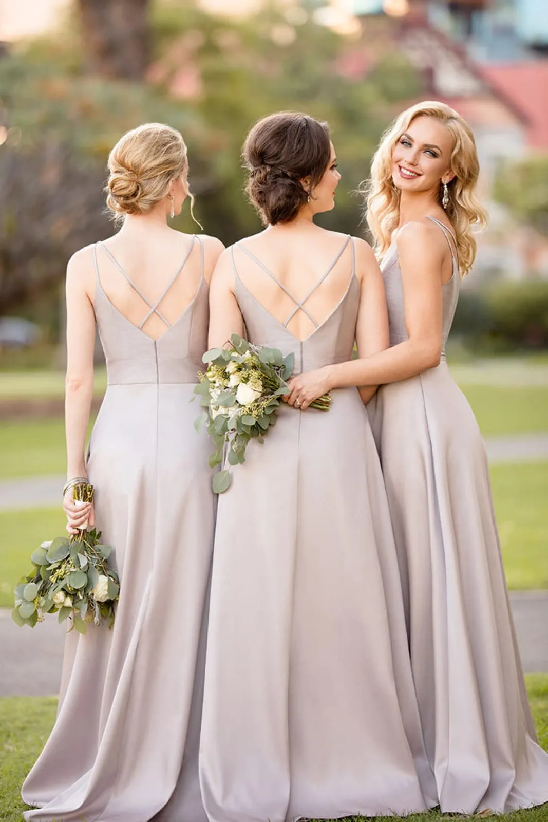 Spaghetti Straps V Neck Satin Floor Length Crisscross Bridesmaid Dress