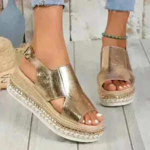 Summer Shiny Sandals Hollow Design Fish Mouth Sandal For Women Fashion Buckle Wedges  Sandals