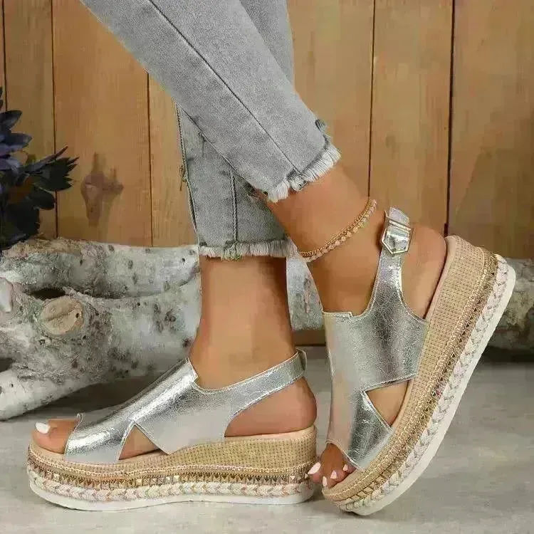 Summer Shiny Sandals Hollow Design Fish Mouth Sandal For Women Fashion Buckle Wedges  Sandals