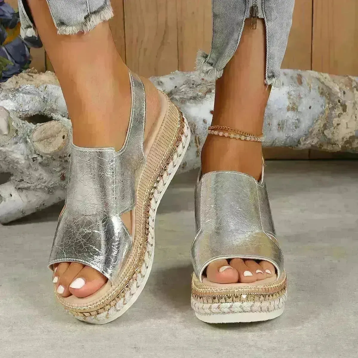 Summer Shiny Sandals Hollow Design Fish Mouth Sandal For Women Fashion Buckle Wedges  Sandals