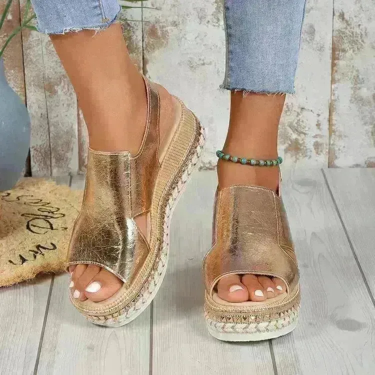 Summer Shiny Sandals Hollow Design Fish Mouth Sandal For Women Fashion Buckle Wedges  Sandals
