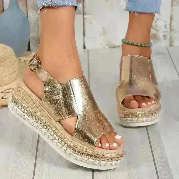 Summer Shiny Sandals Hollow Design Fish Mouth Sandal For Women Fashion Buckle Wedges  Sandals