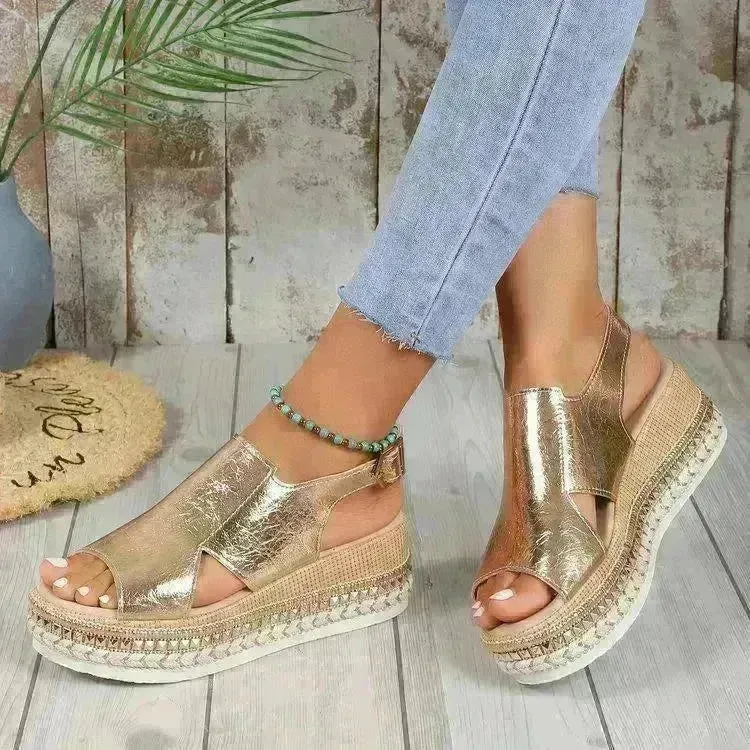 Summer Shiny Sandals Hollow Design Fish Mouth Sandal For Women Fashion Buckle Wedges  Sandals