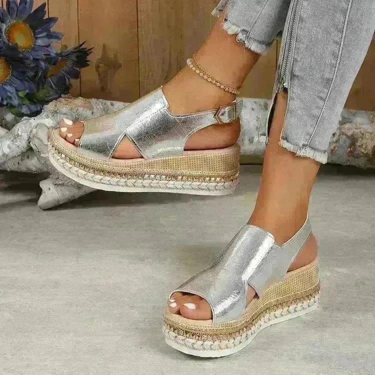 Summer Shiny Sandals Hollow Design Fish Mouth Sandal For Women Fashion Buckle Wedges  Sandals