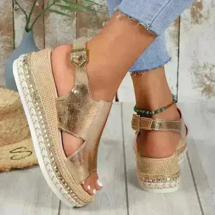 Summer Shiny Sandals Hollow Design Fish Mouth Sandal For Women Fashion Buckle Wedges  Sandals