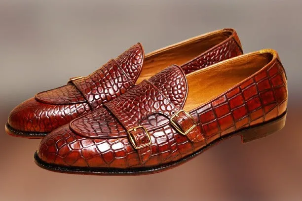 Tan Crocodile Leather Handmade Double Monk Dress Shoes