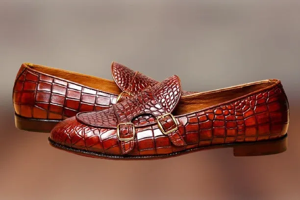 Tan Crocodile Leather Handmade Double Monk Dress Shoes