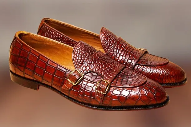 Tan Crocodile Leather Handmade Double Monk Dress Shoes