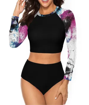 Tie Dye Purple Black 2 Piece Sun Protection Bikini Swimwear