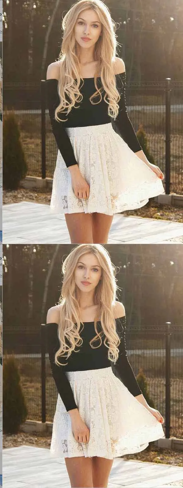 Two Piece Ivory Lace Long Sleeves Homecoming Dress ,Short Prom Dresses,BDY0350