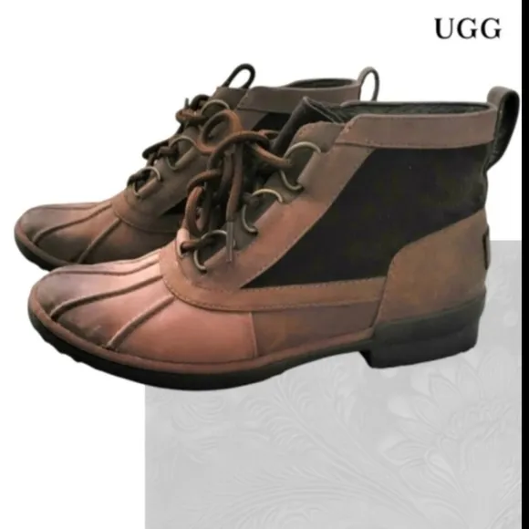 UGG Distressed Leather Heather Coconut Brown Ankle Boot Lace Up Women 7 Winter