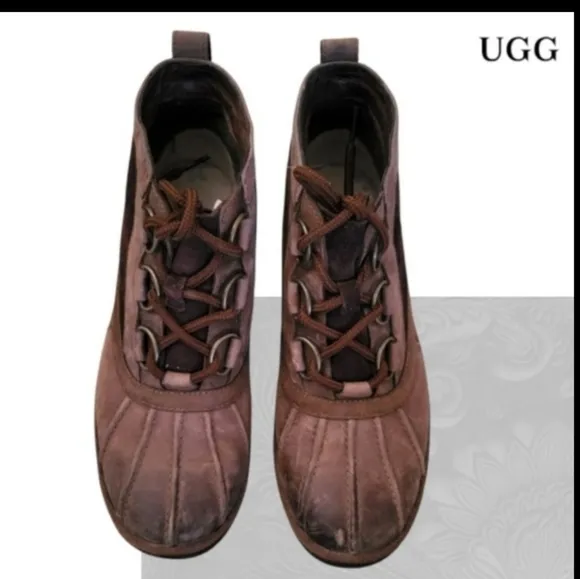 UGG Distressed Leather Heather Coconut Brown Ankle Boot Lace Up Women 7 Winter