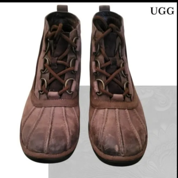 UGG Distressed Leather Heather Coconut Brown Ankle Boot Lace Up Women 7 Winter