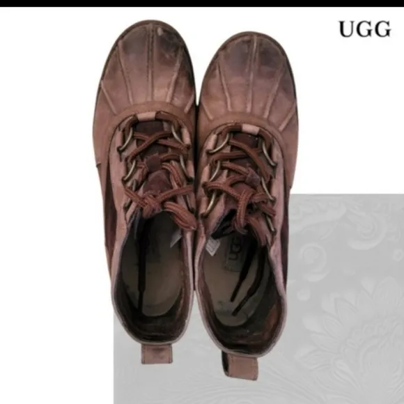 UGG Distressed Leather Heather Coconut Brown Ankle Boot Lace Up Women 7 Winter
