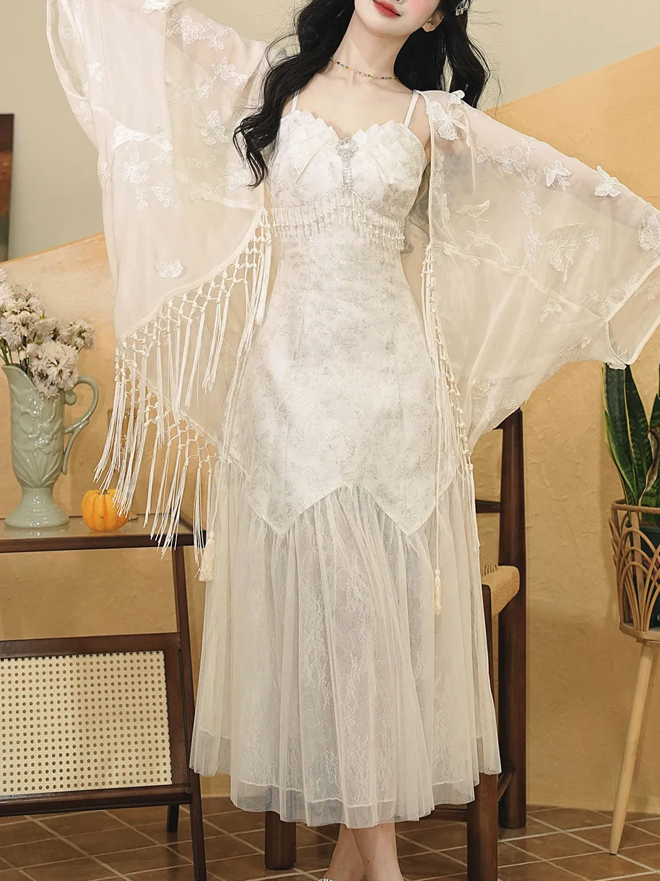 White Jacquard Acetate Spaghetti Strap with Tulle Wedding Maxi Dress and Butterfly Cardigan