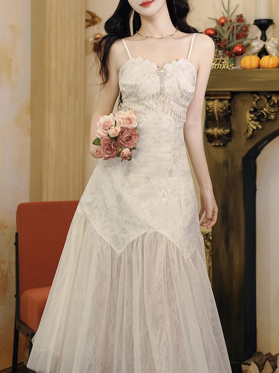 White Jacquard Acetate Spaghetti Strap with Tulle Wedding Maxi Dress and Butterfly Cardigan