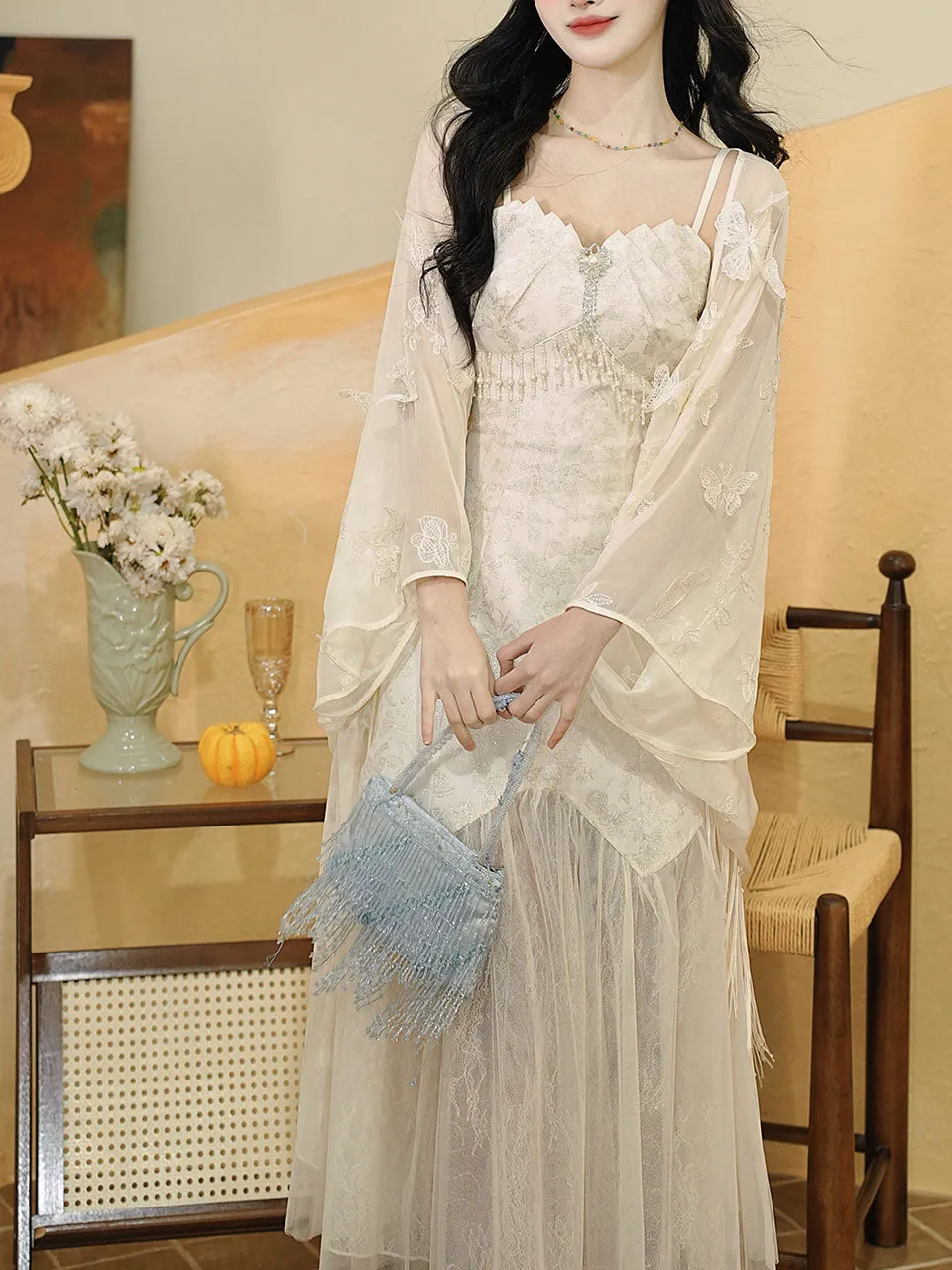 White Jacquard Acetate Spaghetti Strap with Tulle Wedding Maxi Dress and Butterfly Cardigan