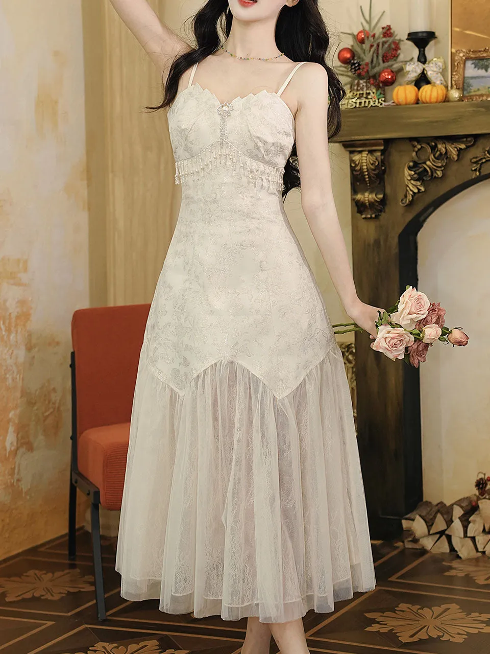 White Jacquard Acetate Spaghetti Strap with Tulle Wedding Maxi Dress and Butterfly Cardigan