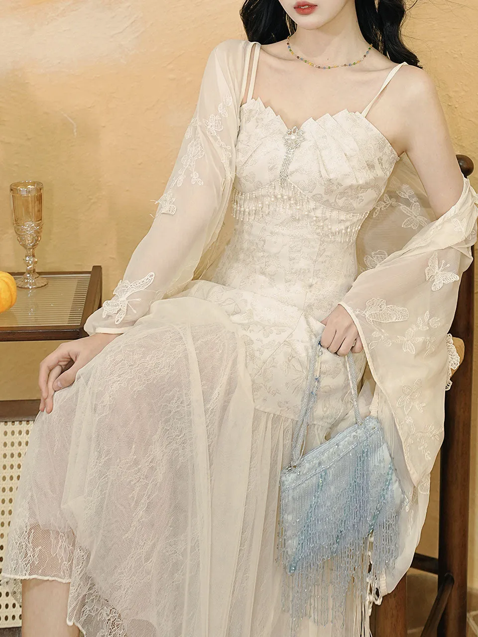 White Jacquard Acetate Spaghetti Strap with Tulle Wedding Maxi Dress and Butterfly Cardigan
