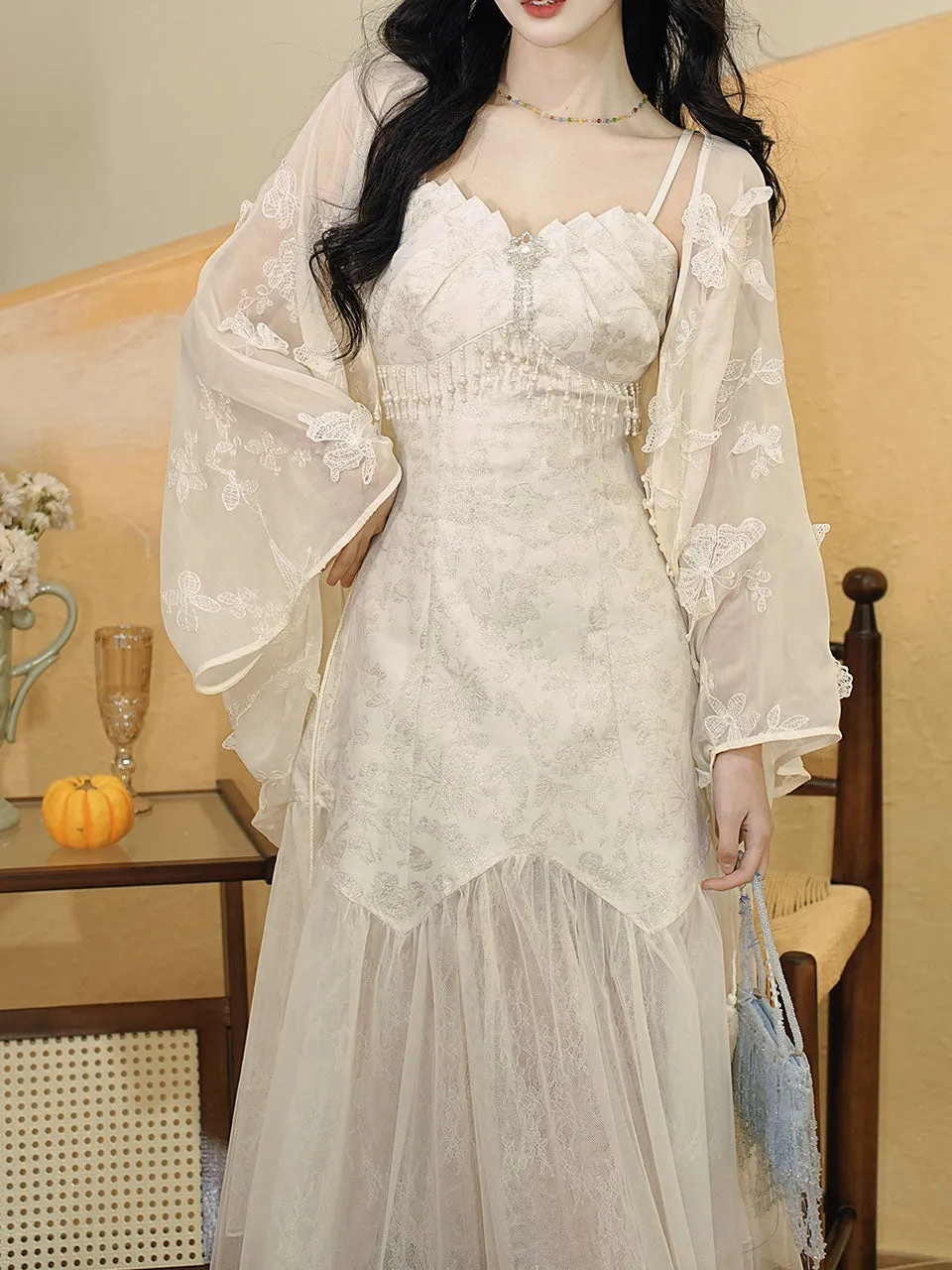 White Jacquard Acetate Spaghetti Strap with Tulle Wedding Maxi Dress and Butterfly Cardigan