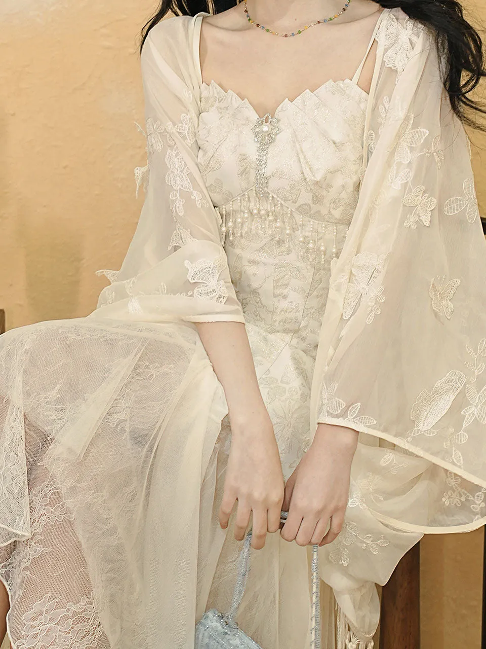 White Jacquard Acetate Spaghetti Strap with Tulle Wedding Maxi Dress and Butterfly Cardigan