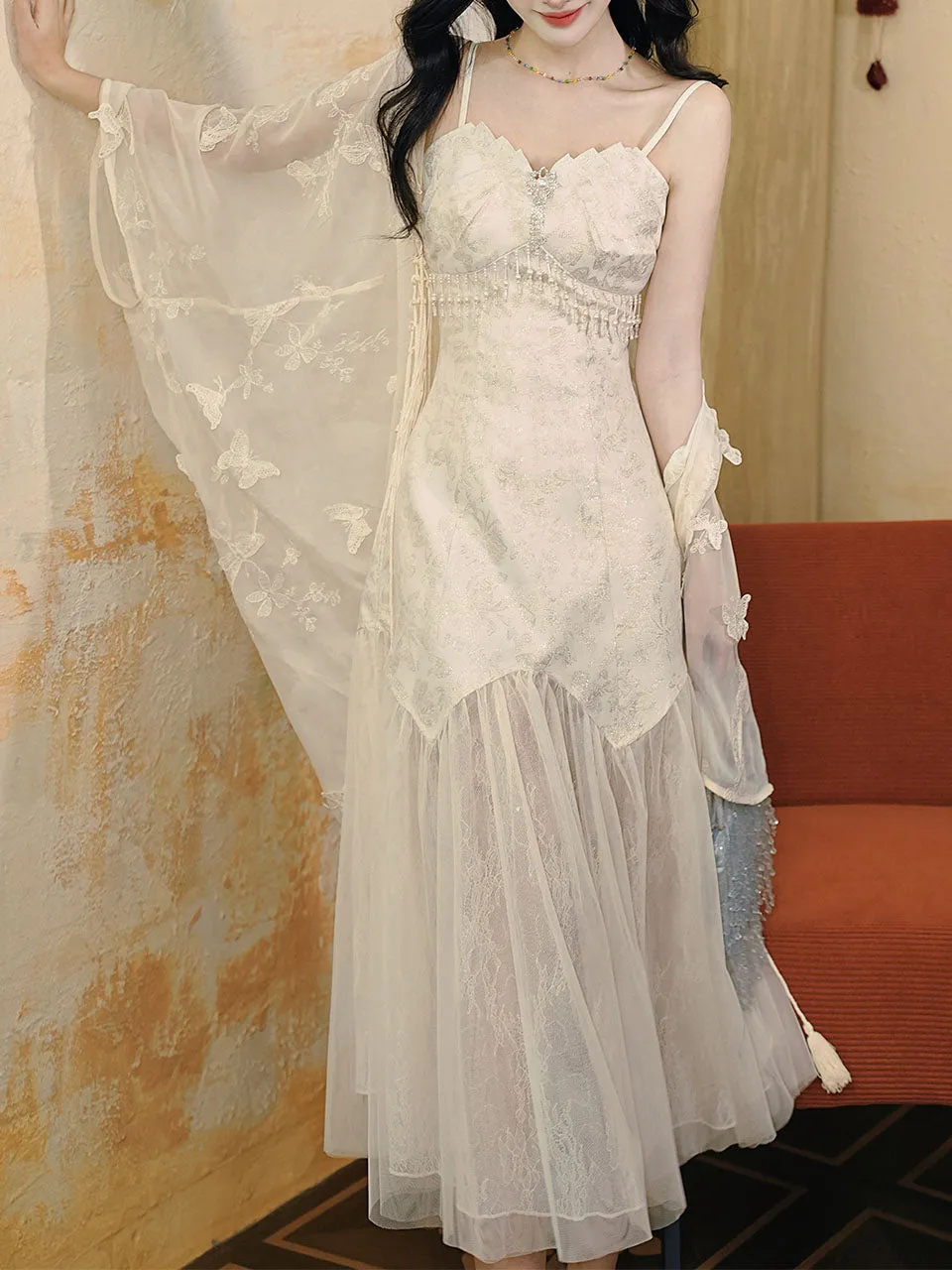 White Jacquard Acetate Spaghetti Strap with Tulle Wedding Maxi Dress and Butterfly Cardigan