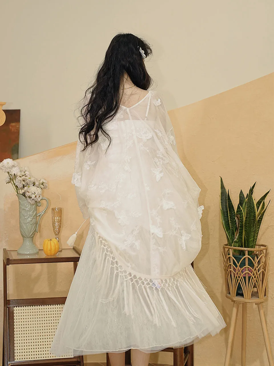 White Jacquard Acetate Spaghetti Strap with Tulle Wedding Maxi Dress and Butterfly Cardigan