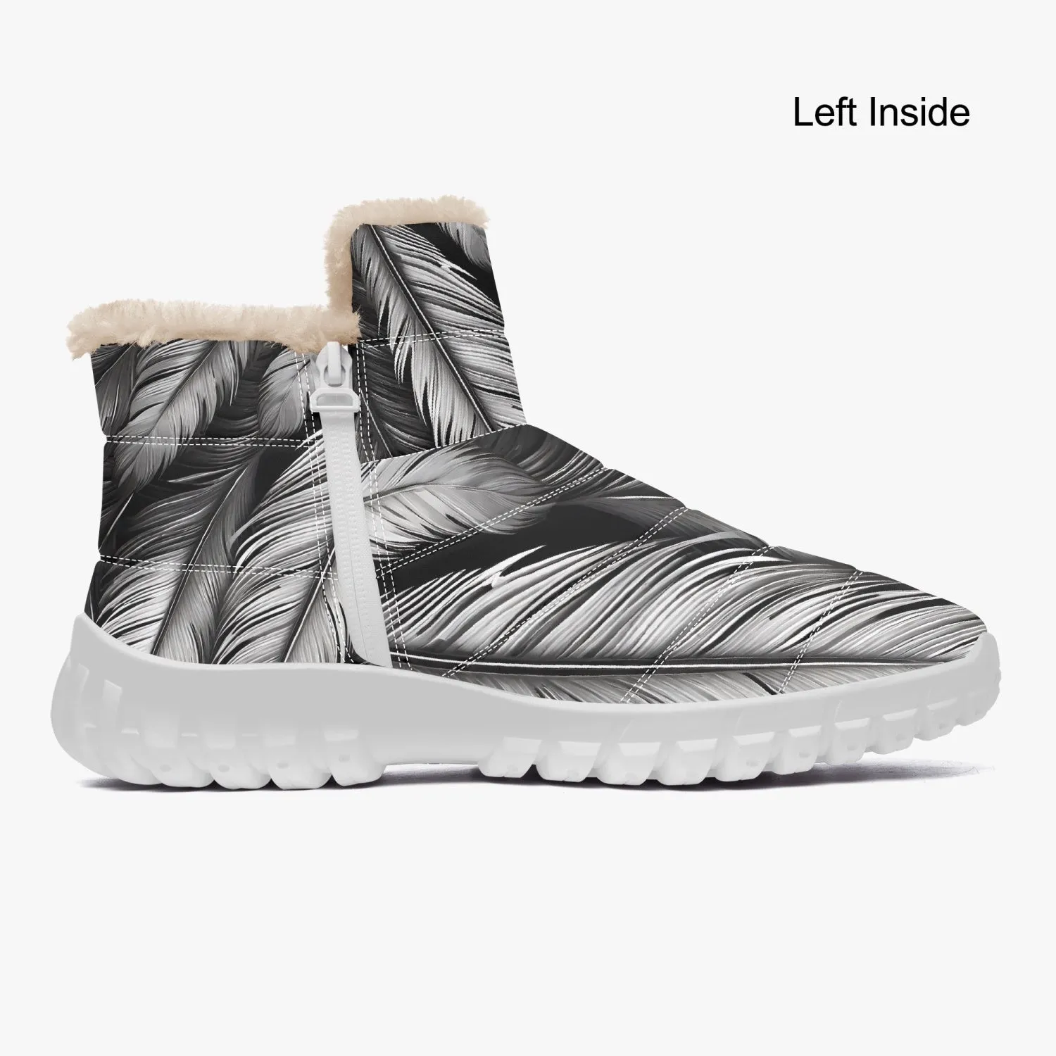 White Tribal Feathers Fur Zip Up Boots