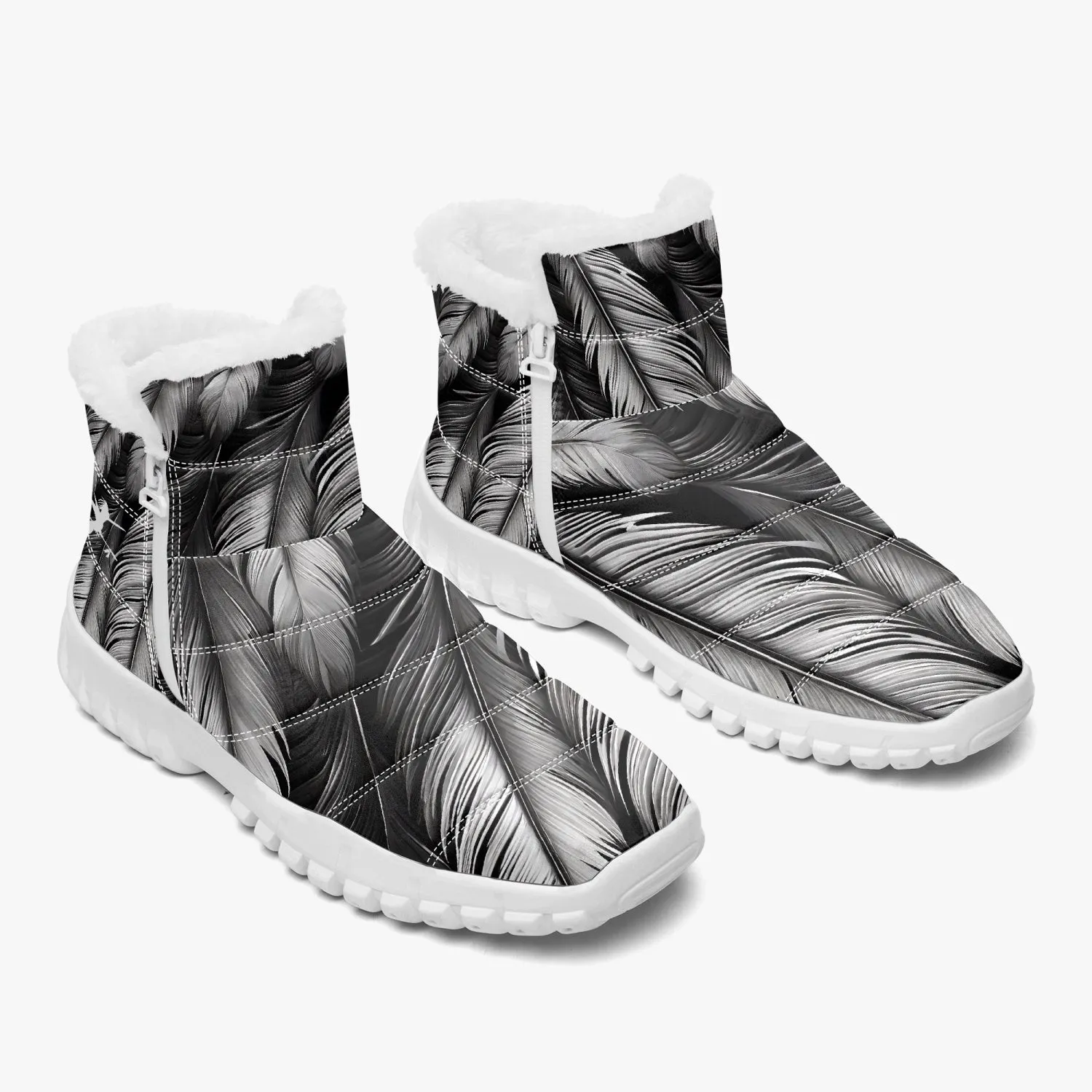White Tribal Feathers Fur Zip Up Boots