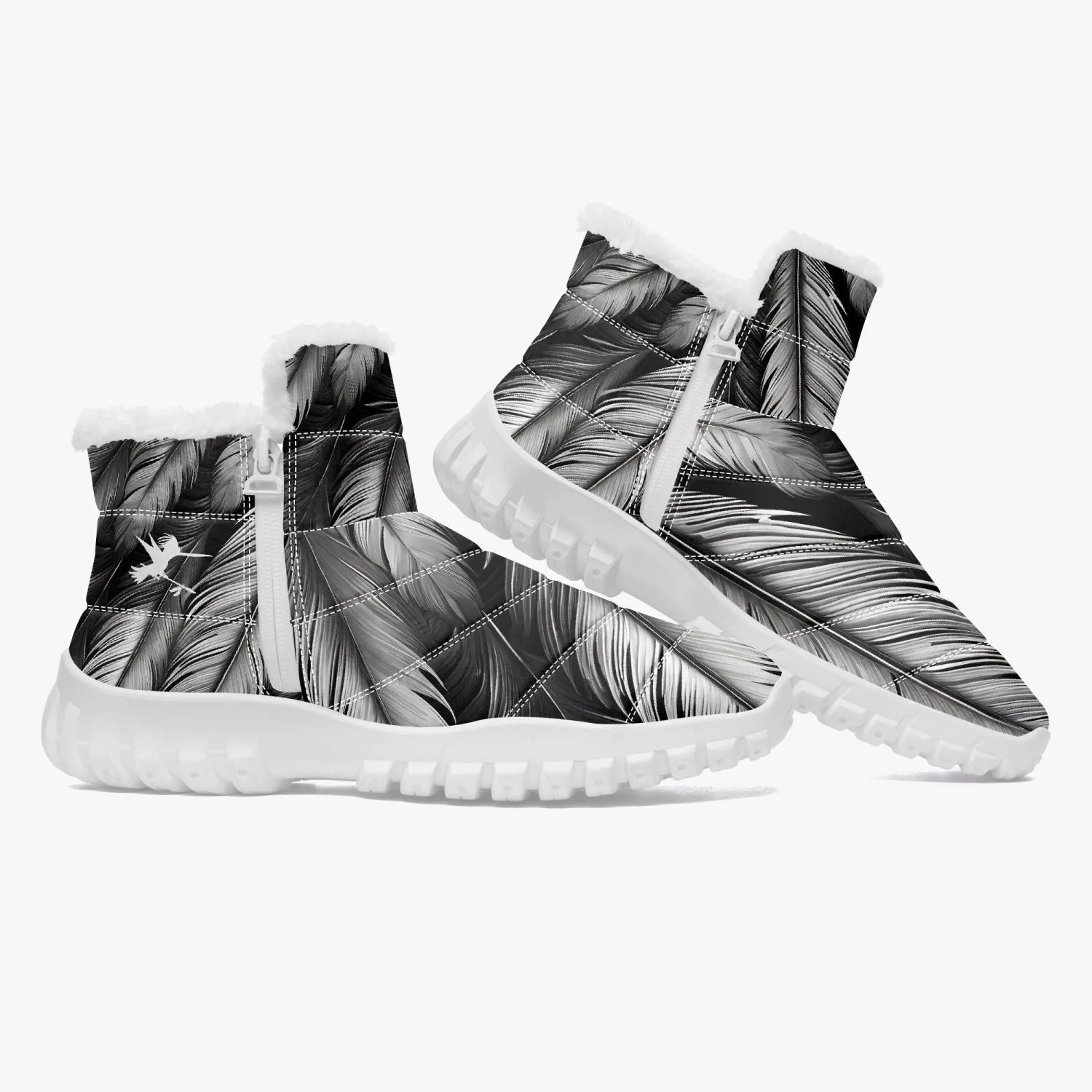 White Tribal Feathers Fur Zip Up Boots