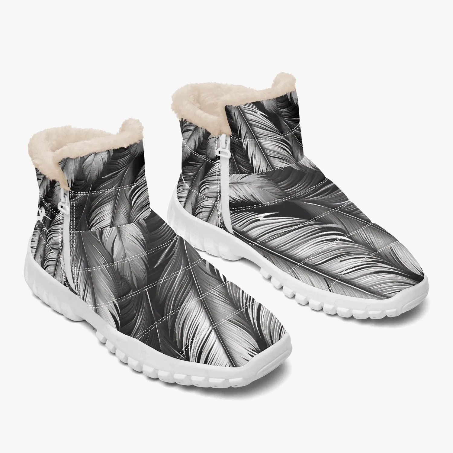 White Tribal Feathers Fur Zip Up Boots