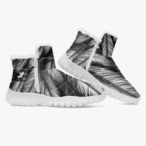 White Tribal Feathers Fur Zip Up Boots