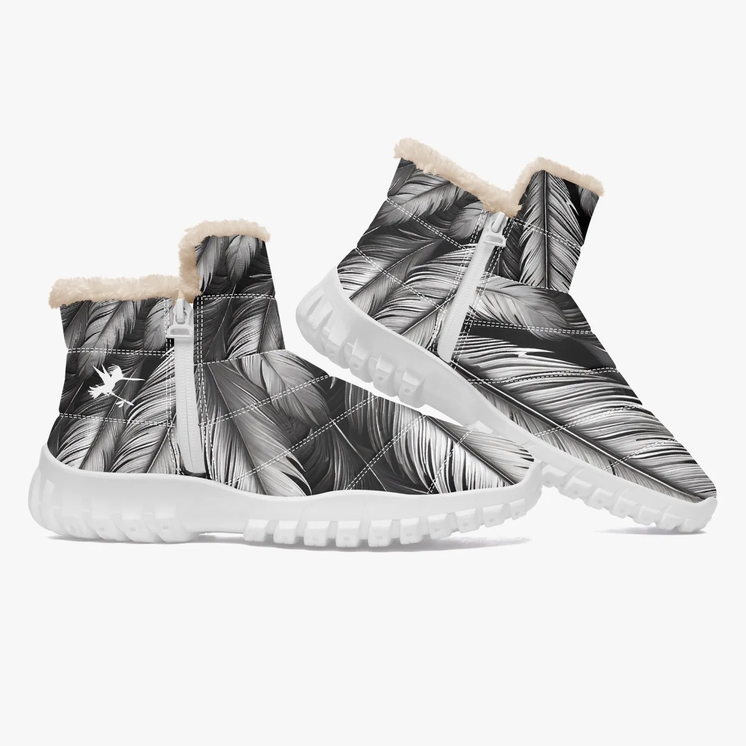 White Tribal Feathers Fur Zip Up Boots