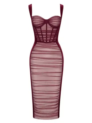 Wine Red Mesh Strap Corset Velvet Bodycon Dress Sexy Gown Party Dress
