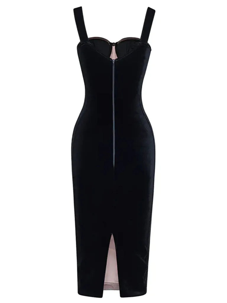 Wine Red Mesh Strap Corset Velvet Bodycon Dress Sexy Gown Party Dress