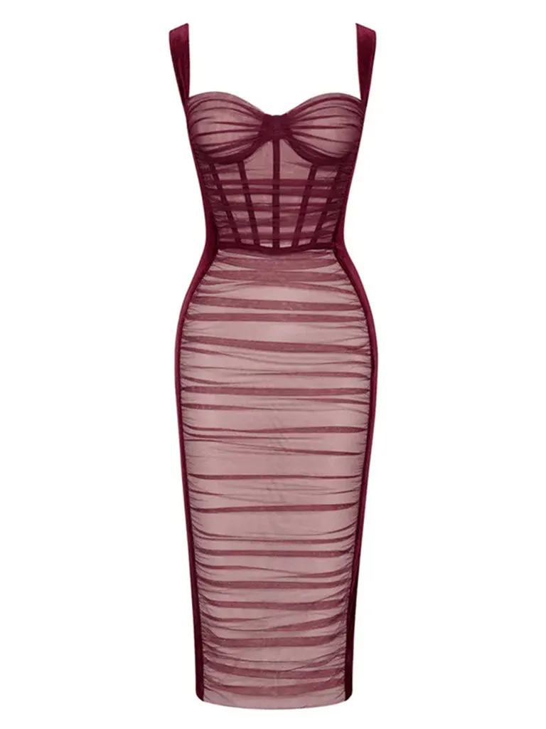 Wine Red Mesh Strap Corset Velvet Bodycon Dress Sexy Gown Party Dress