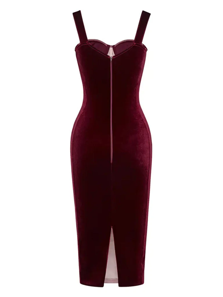 Wine Red Mesh Strap Corset Velvet Bodycon Dress Sexy Gown Party Dress