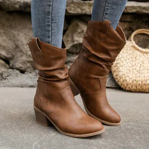 Women's Abrela Low Heel Cowboy Boots in PU Leather with Non-Slip Sole