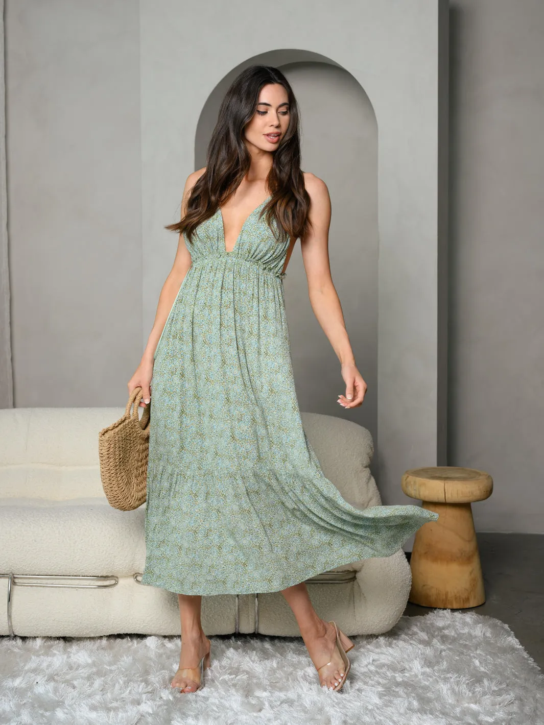 WOMEN'S DOUBLE SHOULDER STRAP V-NECK FLORAL MAXI DRESS