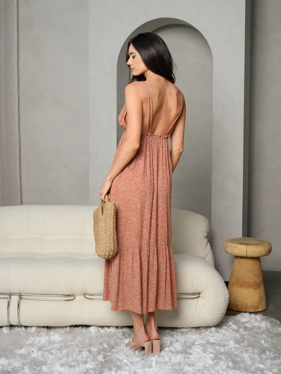 WOMEN'S DOUBLE SHOULDER STRAP V-NECK FLORAL MAXI DRESS