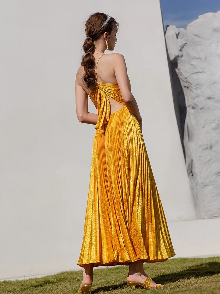 Women's Gold Deep V Neck Strap Backless Texture Evening Dress