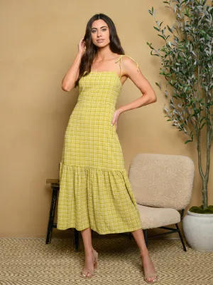 WOMEN'S PLAID PRINT GORED SPAGHETTI STRAP MIDI DRESS