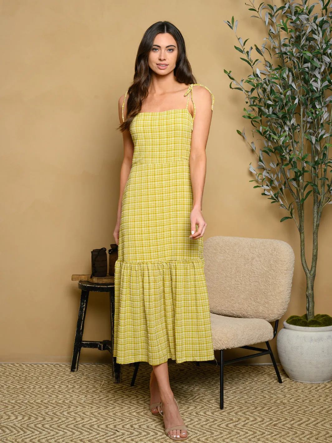 WOMEN'S PLAID PRINT GORED SPAGHETTI STRAP MIDI DRESS