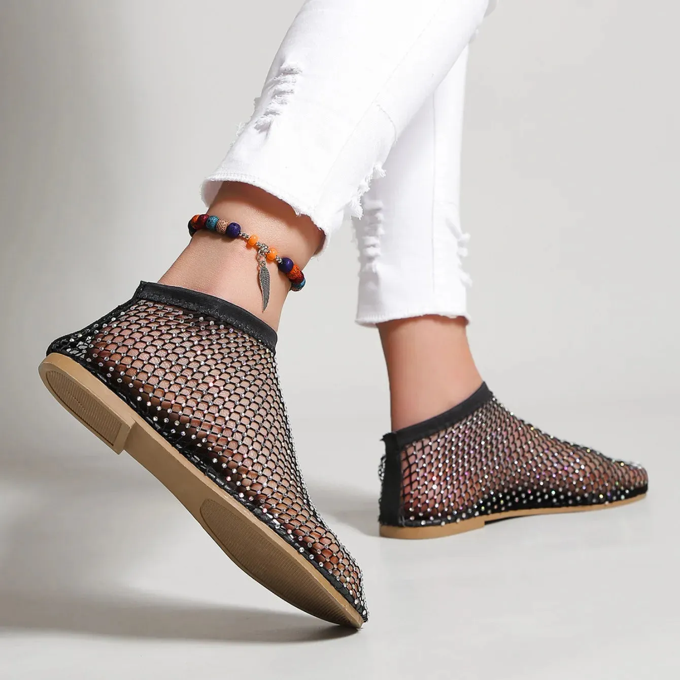 Women's Round Toe Flat Bottom Sandals Hollow Short Boots Water Diamond Sexy Flats Bottom Shoes Luxury Shoes Women