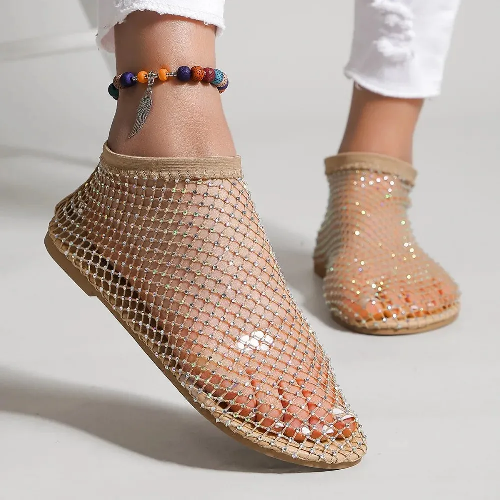 Women's Round Toe Flat Bottom Sandals Hollow Short Boots Water Diamond Sexy Flats Bottom Shoes Luxury Shoes Women