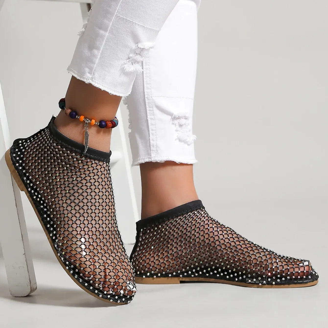 Women's Round Toe Flat Bottom Sandals Hollow Short Boots Water Diamond Sexy Flats Bottom Shoes Luxury Shoes Women