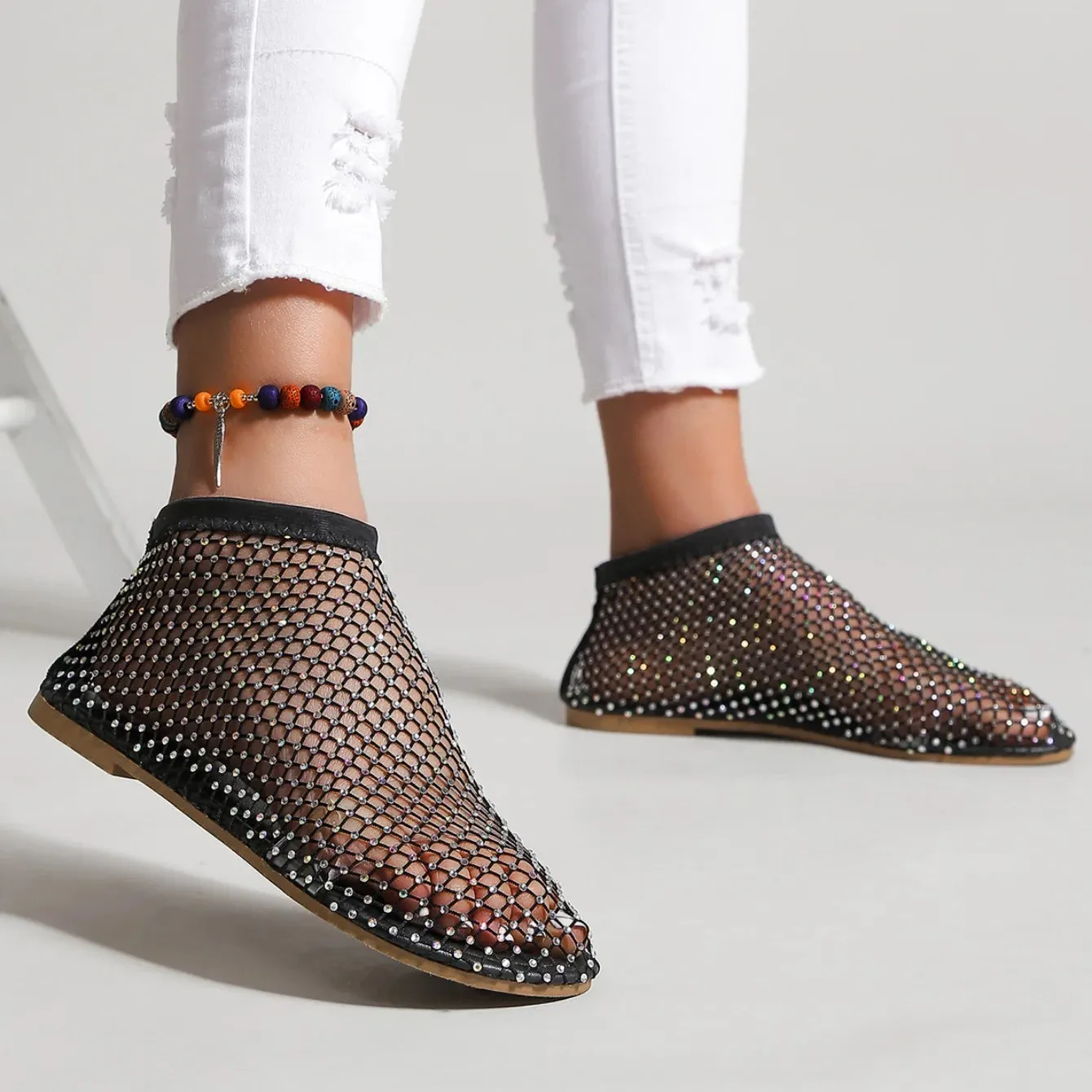 Women's Round Toe Flat Bottom Sandals Hollow Short Boots Water Diamond Sexy Flats Bottom Shoes Luxury Shoes Women