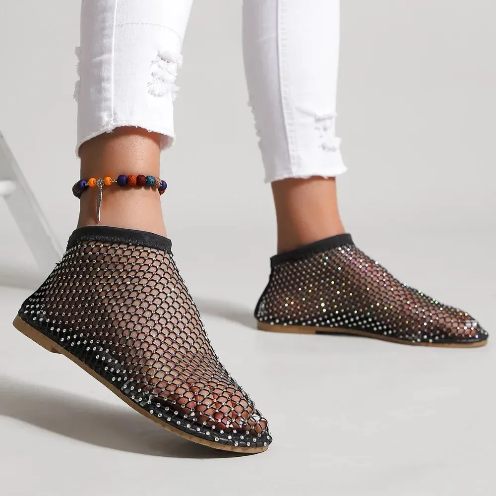 Women's Round Toe Flat Bottom Sandals Hollow Short Boots Water Diamond Sexy Flats Bottom Shoes Luxury Shoes Women